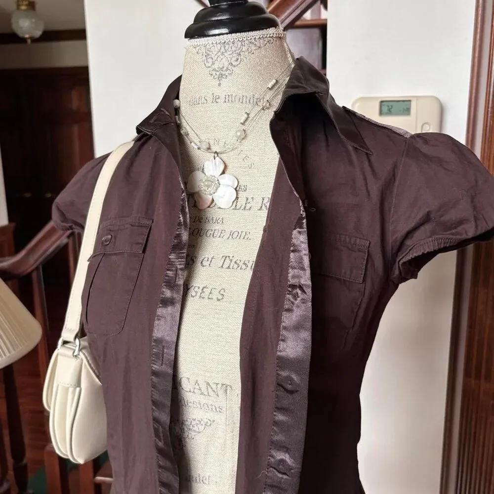 Iz Byer Y2K 90s Vintage Dark Brown Dress Cap Sleeves Mini Cute Retro Indie - Picture 3 of 7